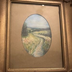 Original painting landscape art w/ path wildflowers in gold ornate frame